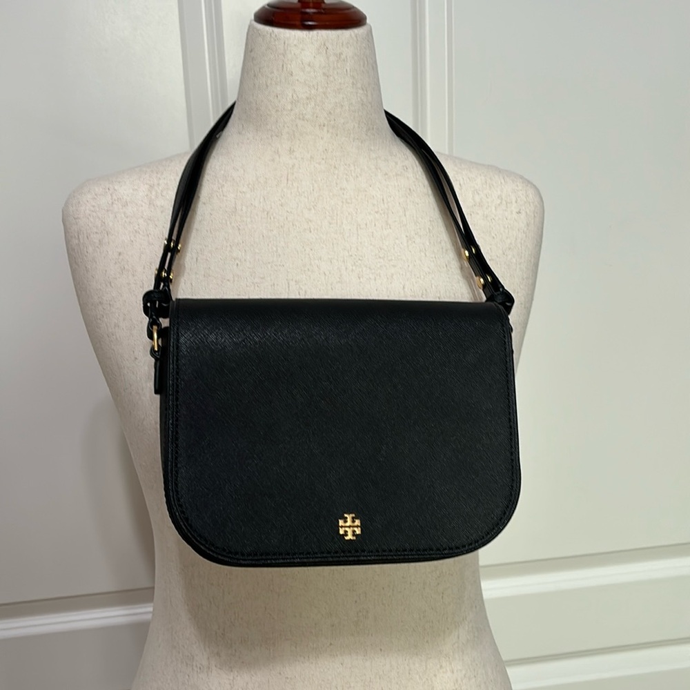 🎁Tory Burch Emerson Womens Saffiano Leather Crossbody Bag , Shoulder Bag Black